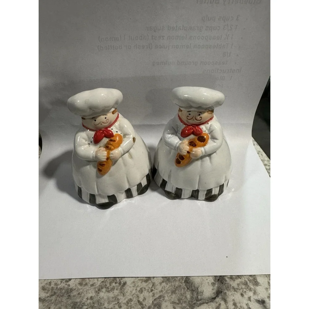 Vintage Ceramic Chef Salt and Pepper Shakers Set French Bistro Baker Baguette